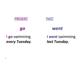 I  went  swimming last Tuesday . PRESENT   PAST go   went I  go  swimming every Tuesday . 8-6  THE SIMPLE PAST: IRREGULAR VERBS (GROUP 1)  