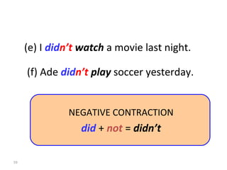 (e) I  did n’t  watch  a movie last night. (f) Ade  did n’t  play  soccer yesterday. 8-7  THE SIMPLE PAST: NEGATIVE NEGATIVE CONTRACTION did  +  not  =  didn’t 