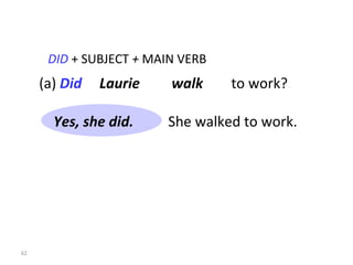 DID   +   SUBJECT  +  MAIN VERB (a)  Did   Laurie  walk   to work? She walked to work. 8-8  THE SIMPLE PAST: YES/NO QUESTIONS Yes, she did. 