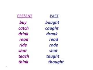 PRESENT   PAST buy   bought catch   caught drink   drank read   read ride   rode shut   shut teach   taught think   thought 8-9  IRREGULAR VERBS (GROUP 2) 