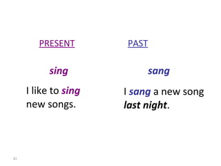 PRESENT   PAST sing   sang I like to  sing new songs. I  sang  a new song last night . 8-10  IRREGULAR VERBS (GROUP 3) 
