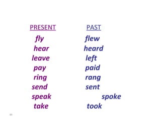 PRESENT   PAST fly   flew hear   heard leave   left pay  paid ring   rang send   sent speak   spoke take   took 8-10  IRREGULAR VERBS (GROUP 3) 