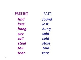 PRESENT   PAST find   found lose   lost hang   hung say   said sell   sold steal   stole tell   told tear tore 8-11  IRREGULAR VERBS (GROUP 4) 