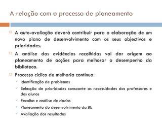 A relação com o processo de planeamento A auto-avaliação deverá contribuir para a elaboração de um novo plano de desenvolvimento com os seus objectivos e prioridades. A análise das evidências recolhidas vai dar origem ao planeamento de acções para melhorar o desempenho da biblioteca. Processo cíclico de melhoria contínua: Identificação de problemas Selecção de prioridades consoante as necessidades dos professores e dos alunos Recolha e análise de dados Planeamento do desenvolvimento da BE Avaliação dos resultados 