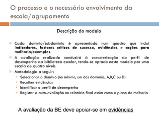 O processo e o necessário envolvimento da escola/agrupamento Descrição do modelo Cada domínio/subdomínio é apresentado num quadro que inclui  indicadores, factores críticos de sucesso, evidências  e  acções para melhoria/exemplos .  A avaliação realizada conduzirá à caracterização do perfil de desempenho da biblioteca escolar, tendo-se optado neste modelo por uma escala de quatro níveis.  Metodologia a seguir: Seleccionar o domínio (no mínimo, um dos domínios, A,B,C ou D) Recolher evidências Identificar o perfil de desempenho Registar a auto-avaliação no relatório final assim como o plano de melhoria A avaliação da BE deve apoiar-se em  evidências   