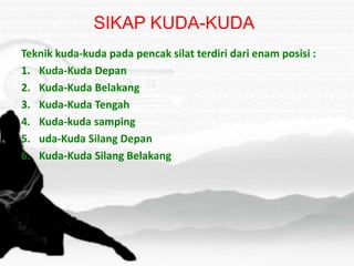 SIKAP KUDA-KUDA
Teknik kuda-kuda pada pencak silat terdiri dari enam posisi :
1. Kuda-Kuda Depan
2. Kuda-Kuda Belakang
3. Kuda-Kuda Tengah
4. Kuda-kuda samping
5. uda-Kuda Silang Depan
6. Kuda-Kuda Silang Belakang
 