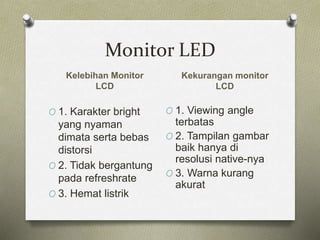 Monitor LED
Kelebihan Monitor
LCD
Kekurangan monitor
LCD
O 1. Karakter bright
yang nyaman
dimata serta bebas
distorsi
O 2. Tidak bergantung
pada refreshrate
O 3. Hemat listrik
O 1. Viewing angle
terbatas
O 2. Tampilan gambar
baik hanya di
resolusi native-nya
O 3. Warna kurang
akurat
 