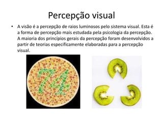 Percepção visualA visão é a percepção de raios luminosos pelo sistema visual. Esta é a forma de percepção mais estudada pela psicologia da percepção. A maioria dos princípios gerais da percepção foram desenvolvidos a partir de teorias especificamente elaboradas para a percepção visual.
