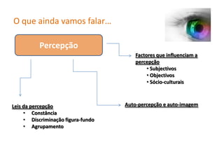 O que ainda vamos falar…PercepçãoFactores que influenciam a percepçãoSubjectivos