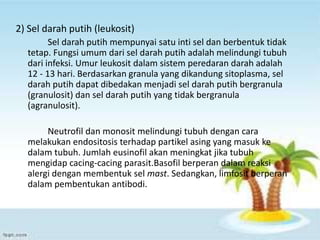 2) Sel darah putih (leukosit)
Sel darah putih mempunyai satu inti sel dan berbentuk tidak
tetap. Fungsi umum dari sel darah putih adalah melindungi tubuh
dari infeksi. Umur leukosit dalam sistem peredaran darah adalah
12 - 13 hari. Berdasarkan granula yang dikandung sitoplasma, sel
darah putih dapat dibedakan menjadi sel darah putih bergranula
(granulosit) dan sel darah putih yang tidak bergranula
(agranulosit).
Neutrofil dan monosit melindungi tubuh dengan cara
melakukan endositosis terhadap partikel asing yang masuk ke
dalam tubuh. Jumlah eusinofil akan meningkat jika tubuh
mengidap cacing-cacing parasit.Basofil berperan dalam reaksi
alergi dengan membentuk sel mast. Sedangkan, limfosit berperan
dalam pembentukan antibodi.
 