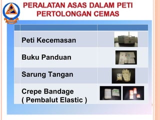 Peti Kecemasan
Buku Panduan
Sarung Tangan
Crepe Bandage
( Pembalut Elastic )
 