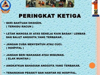 PERINGKAT KETIGAPERINGKAT KETIGA
~ BERI BANTUAN OKSIGEN.
( TERHIDU RACUN )
~ LETAK MANGSA DI ATAS SEHELAI KAIN BASAH / LEMBAB
DAN BALUT ANGGOTA YANG TERBAKAR .
~ JANGAN CUBA MENYENTUH ATAU CUCI.
( HOSPITAL )
~ JANGAN BERI MAKANAN ATAU MINUMAN.
( ELAK MUNTAH )
~ ANGKATKAN BAHAGIAN ANGGOTA YANG TERBAKAR.
~ TENANGKAN PESAKIT DAN HANTAR KE HOSPITAL.
 
