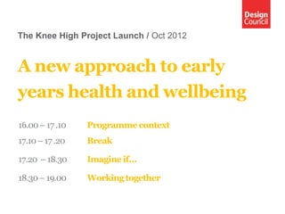 The Knee High Project Launch / Oct 2012


A new approach to early
years health and wellbeing
16.00 – 17 .10   Programme context
17.10 – 17 .20   Break

17.20 – 18.30    Imagine if…

18.30 – 19.00    Working together
 