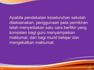 Apabila pendekatan keseluruhan sekolah
     dilaksanakan, penggunaan peta pemikiran
     telah menyediakan satu cara berfikir yang
     konsisten bagi guru menyampaikan
     maklumat, dan bagi murid belajar dan
     mengekalkan maklumat.




12
 