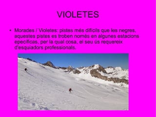 VIOLETES
●

Morades / Violetes: pistes més difícils que les negres,
aquestes pistes es troben només en algunes estacions
epecíficas, per la qual cosa, el seu ús requereix
d'esquiadors professionals.

 