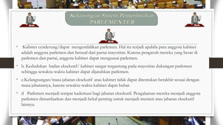 Kekurangan Sistem Pemerintahan
PARLEMENTER

• Kabinet cenderung/dapat mengendalikan parlemen. Hal itu terjadi apabila para anggota kabinet
adalah anggota parlemen dan berasal dari partai mayoritas. Karena pengaruh mereka yang besar di
parlemen dan partai, anggota kabinet dapat menguasai parlemen.

• b. Kedudukan badan eksekutif/ kabinet sangat tergantung pada mayoritas dukungan parlemen
sehingga sewaktu-waktu kabinet dapat dijatuhkan parlemen.

• c.Kelangsungan/masa jabatan eksekutif atau kabinet tidak dapat ditentukan berakhir sesuai dengan
masa jabatannya, karena sewaktu-waktu kabinet dapat bubar.

• d Parlemen menjadi tempat kaderisasi bagi jabatan eksekutif. Pengalaman mereka menjadi anggota
parlemen dimanfaatkan dan menjadi bekal penting untuk menjadi menteri atau jabatan eksekutif
lainnya.

 