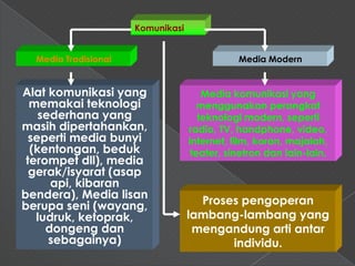 Komunikasi


  Media Tradisional                           Media Modern


Alat komunikasi yang                   Media komunikasi yang
  memakai teknologi                   menggunakan perangkat
    sederhana yang                    teknologi modern, seperti
masih dipertahankan,               radio, TV, handphone, video,
  seperti media bunyi              internet, film, koran, majalah,
  (kentongan, beduk                 teater, sinetron dan lain-lain.
 terompet dll), media
  gerak/isyarat (asap
      api, kibaran
bendera), Media lisan
berupa seni (wayang,                 Proses pengoperan
   ludruk, ketoprak,               lambang-lambang yang
     dongeng dan                    mengandung arti antar
      sebagainya)                         individu.
 