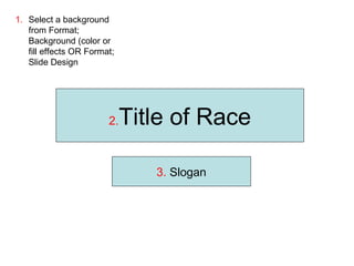 2. Title of Race 3.  Slogan ,[object Object]