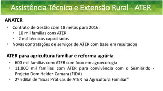 Assistência Técnica e Extensão Rural - ATER
ANATER
• 600 mil famílias com ATER com foco em agroecologia
• 11.800 mil famíl...