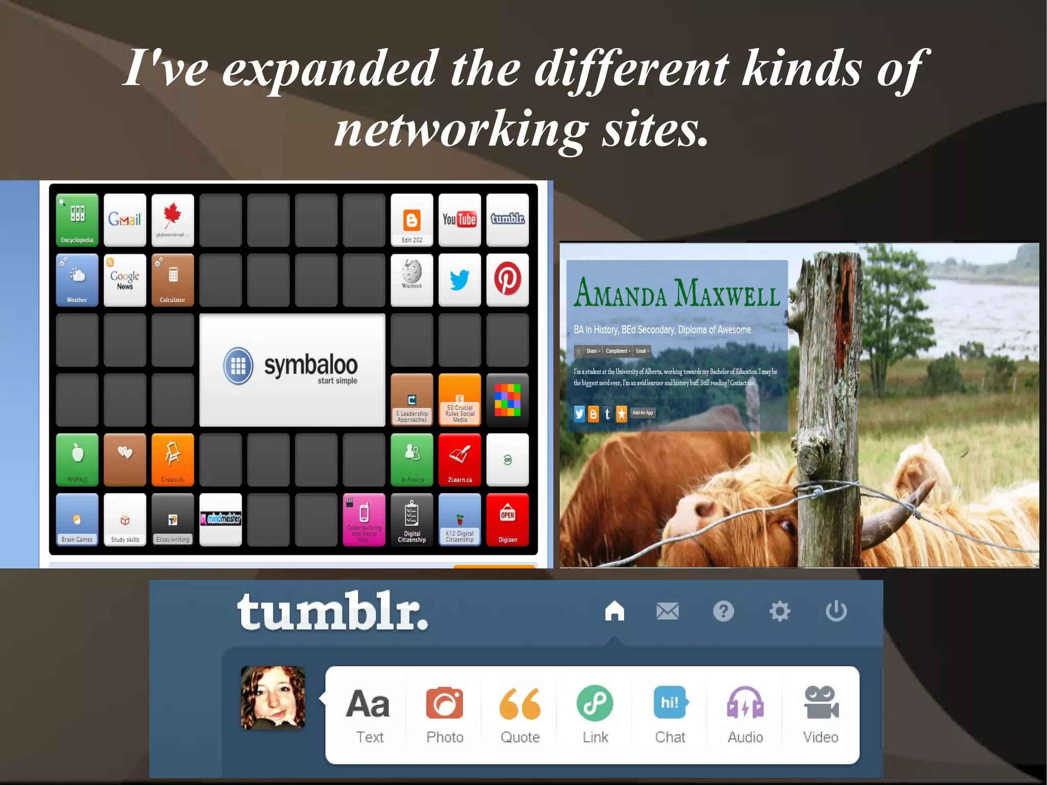 I've expanded the different kinds of
         networking sites.
 