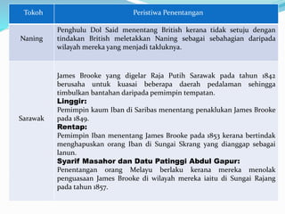 Naning
Penghulu Dol Said menentang British kerana tidak setuju dengan
tindakan British meletakkan Naning sebagai sebahagian daripada
wilayah mereka yang menjadi takluknya.
Sarawak
James Brooke yang digelar Raja Putih Sarawak pada tahun 1842
berusaha untuk kuasai beberapa daerah pedalaman sehingga
timbulkan bantahan daripada pemimpin tempatan.
Linggir:
Pemimpin kaum Iban di Saribas menentang penaklukan James Brooke
pada 1849.
Rentap:
Pemimpin Iban menentang James Brooke pada 1853 kerana bertindak
menghapuskan orang Iban di Sungai Skrang yang dianggap sebagai
lanun.
Syarif Masahor dan Datu Patinggi Abdul Gapur:
Penentangan orang Melayu berlaku kerana mereka menolak
penguasaan James Brooke di wilayah mereka iaitu di Sungai Rajang
pada tahun 1857.
Tokoh Peristiwa Penentangan
 