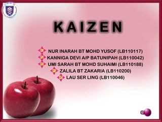 NUR INARAH BT MOHD YUSOF (LB110117)
KANNIGA DEVI A/P BATUNIPAH (LB110042)
UMI SARAH BT MOHD SUHAIMI (LB110188)
     ZALILA...