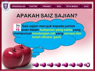 PENGENALAN   FAKTOR   PIRAMID   RDA   PETA MINDA      KUIZ




    Saiz sajian merujuk kepada jumlah
 makanan dalam kumpulan yang sama yang
 mempunyai kandungan zat yang serupa dan
           boleh ditukar ganti .




                                                   Page 17
 