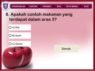 PENGENALAN   FAKTOR   PIRAMID   RDA     PETA MINDA      KUIZ



8. Apakah contoh makanan yang
  terdapat dalam aras 3?
  A) Roti


  B) Ayam


  C) Garam

                                        Semak




                                                       Page 43
 