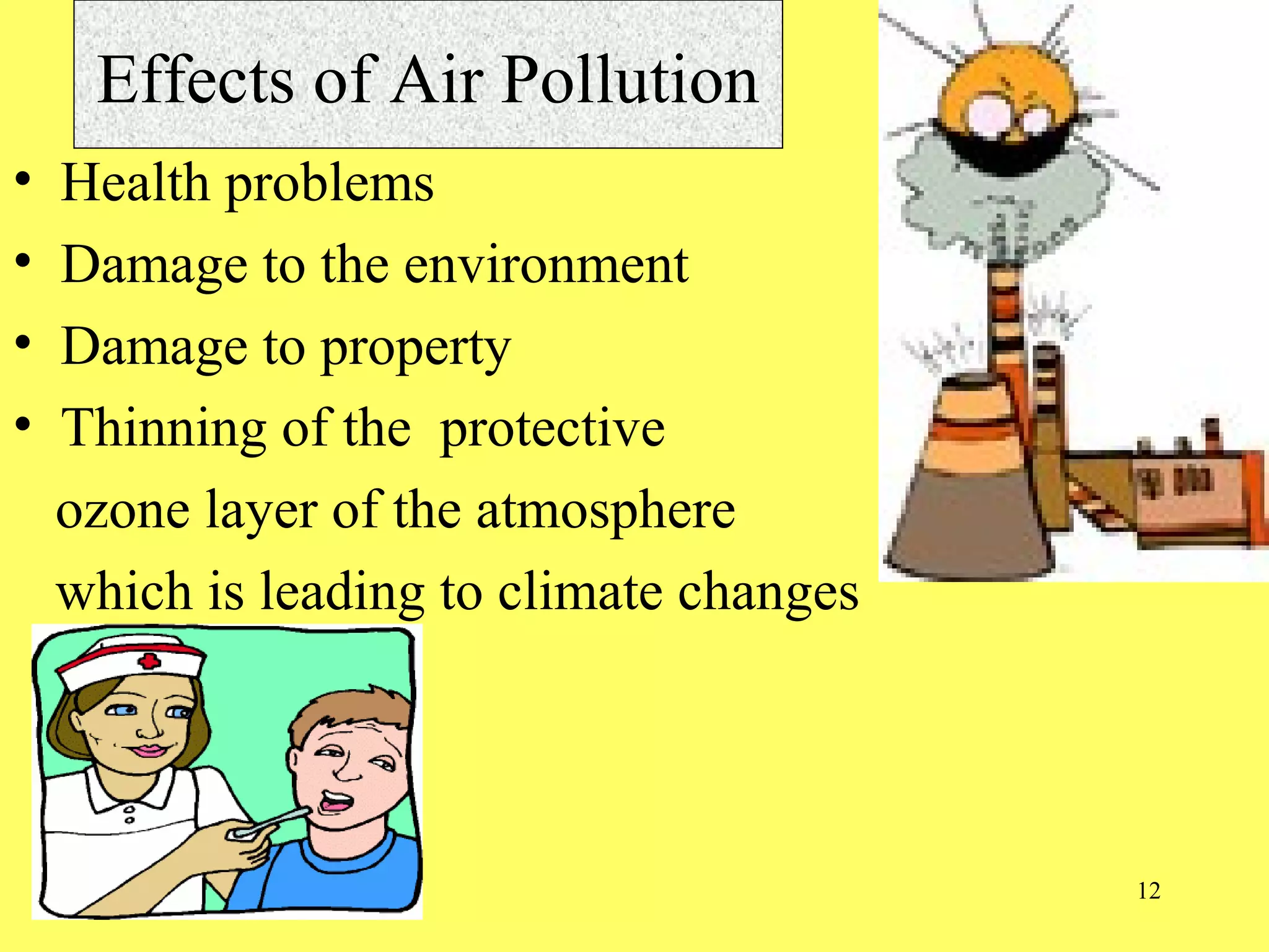 12
Effects of Air Pollution
• Health problems
• Damage to the environment
• Damage to property
• Thinning of the protective
ozone layer of the atmosphere
which is leading to climate changes
 