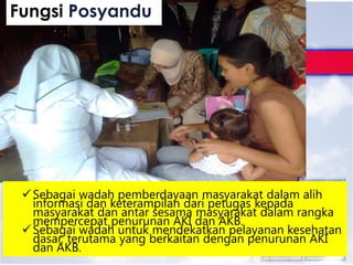 Sebagai wadah pemberdayaan masyarakat dalam alih
informasi dan keterampilan dari petugas kepada
masyarakat dan antar sesama masyarakat dalam rangka
mempercepat penurunan AKI dan AKB.
Sebagai wadah untuk mendekatkan pelayanan kesehatan
dasar, terutama yang berkaitan dengan penurunan AKI
dan AKB.
Fungsi Posyandu
 