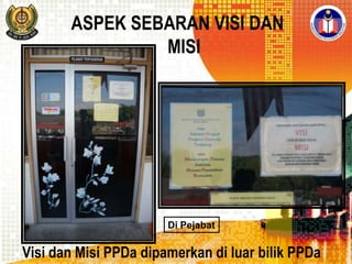ASPEK SEBARAN VISI DAN
MISI

Di Pejabat

Visi dan Misi PPDa dipamerkan di luar bilik PPDa

 