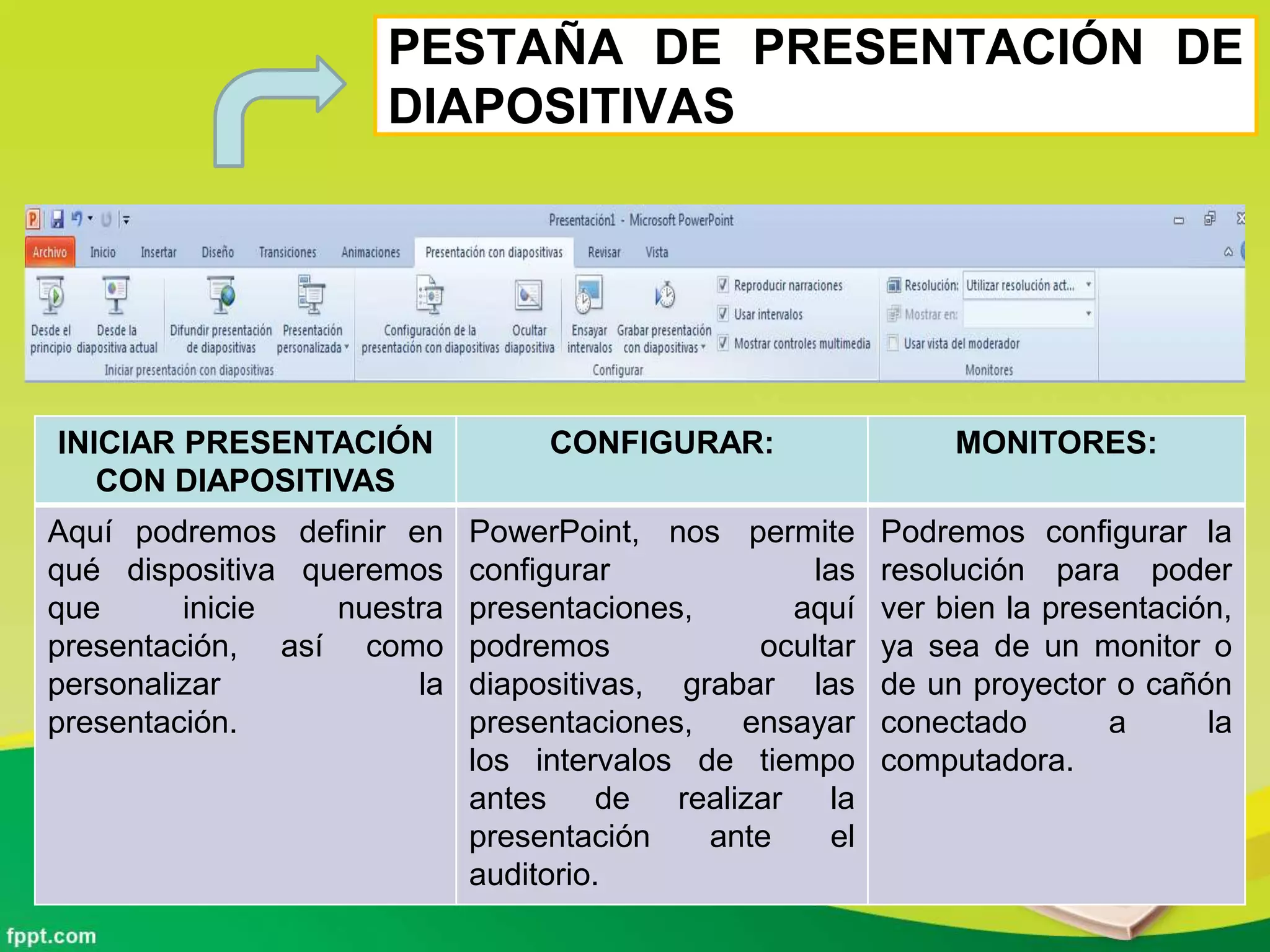 PESTAÑA DE PRESENTACIÓN DE
DIAPOSITIVAS
INICIAR PRESENTACIÓN
CON DIAPOSITIVAS
CONFIGURAR: MONITORES:
Aquí podremos definir en
qué dispositiva queremos
que inicie nuestra
presentación, así como
personalizar la
presentación.
PowerPoint, nos permite
configurar las
presentaciones, aquí
podremos ocultar
diapositivas, grabar las
presentaciones, ensayar
los intervalos de tiempo
antes de realizar la
presentación ante el
auditorio.
Podremos configurar la
resolución para poder
ver bien la presentación,
ya sea de un monitor o
de un proyector o cañón
conectado a la
computadora.
 
