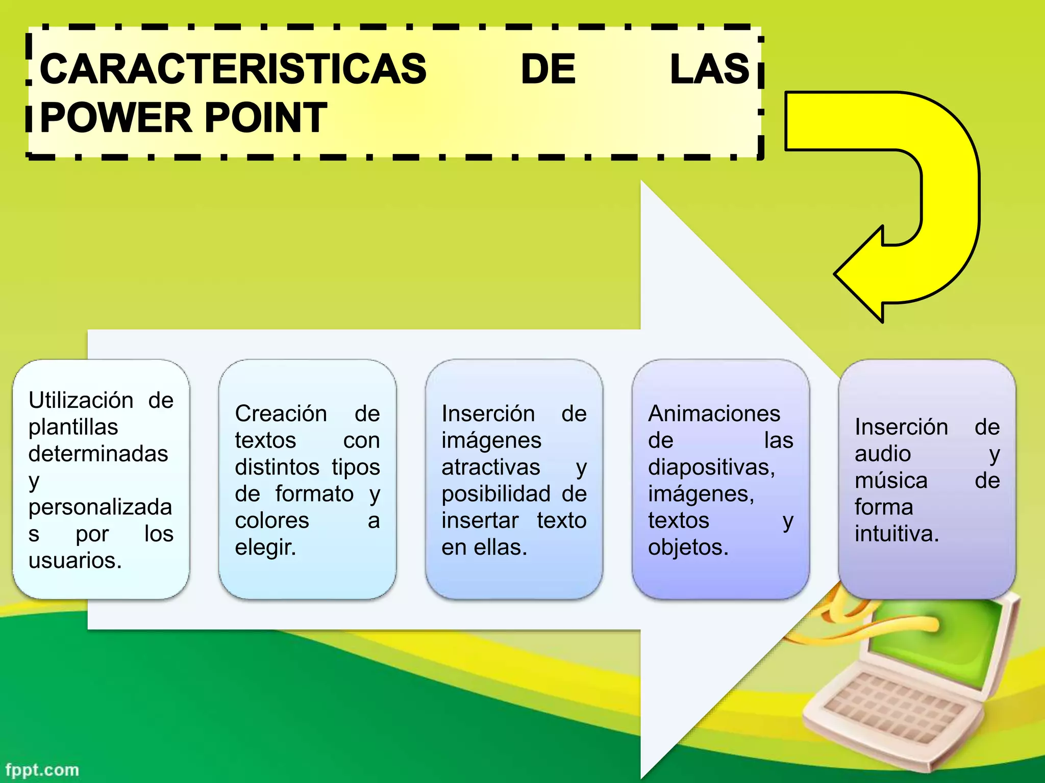 Utilización de
plantillas
determinadas
y
personalizada
s por los
usuarios.
Creación de
textos con
distintos tipos
de formato y
colores a
elegir.
Inserción de
imágenes
atractivas y
posibilidad de
insertar texto
en ellas.
Animaciones
de las
diapositivas,
imágenes,
textos y
objetos.
Inserción de
audio y
música de
forma
intuitiva.
 