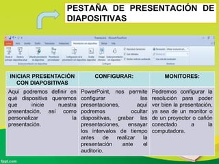 PESTAÑA DE PRESENTACIÓN DE
DIAPOSITIVAS
INICIAR PRESENTACIÓN
CON DIAPOSITIVAS
CONFIGURAR: MONITORES:
Aquí podremos definir en
qué dispositiva queremos
que inicie nuestra
presentación, así como
personalizar la
presentación.
PowerPoint, nos permite
configurar las
presentaciones, aquí
podremos ocultar
diapositivas, grabar las
presentaciones, ensayar
los intervalos de tiempo
antes de realizar la
presentación ante el
auditorio.
Podremos configurar la
resolución para poder
ver bien la presentación,
ya sea de un monitor o
de un proyector o cañón
conectado a la
computadora.
 
