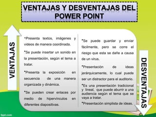 *Presenta textos, imágenes y
videos de manera coordinada.
*Se puede insertar un sonido en
la presentación, según el tema a
tratar.
*Presenta la exposición en
secuencia de una manera
organizada y dinámica.
*Se pueden crear enlaces por
medio de hipervínculos en
diferentes diapositivas.
*Se puede guardar y enviar
fácilmente, pero se corre el
riesgo que esta se dañe a causa
de un virus.
*Presentación de ideas
jerárquicamente, lo cual puede
ser un distractor para el auditorio.
*Es una presentación tradicional
y lineal, que puede aburrir a una
audiencia según el tema que se
vaya a tratar.
*Presentación simplista de ideas.
VENTAJAS
DESVENTAJAS
 