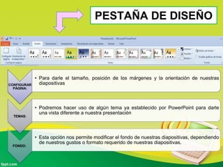 PESTAÑA DE DISEÑO
CONFIGURAR
PÁGINA:
• Para darle el tamaño, posición de los márgenes y la orientación de nuestras
diapositivas
TEMAS:
• Podremos hacer uso de algún tema ya establecido por PowerPoint para darle
una vista diferente a nuestra presentación
FONDO:
• Esta opción nos permite modificar el fondo de nuestras diapositivas, dependiendo
de nuestros gustos o formato requerido de nuestras diapositivas.
 