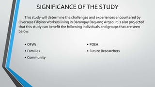 SIGNIFICANCE OFTHE STUDY
This study will determine the challenges and experiences encountered by
Overseas Filipino Workers living in Barangay Bag-ongArgao. It is also projected
that this study can benefit the following individuals and groups that are seen
below:
• OFWs • POEA
• Families • Future Researchers
• Community
 
