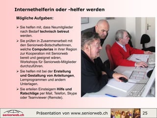 BenutzungBevorzugte Sprache wählenHilfen zum EinsteigenSuche in SWb AAAZoomen mitStrg + MausradInfos über SeniorwebCockpit des LesersCockpit des BenützersJederzeit zugänglichMein Profil:          Angaben zur Person, Foto,	              zu Hobbys, Interessen usw.Mein Seniorweb: Persönliche Startseite Erstellen:             Hier können Inhalte verfasst 	              werdenPräsentation von www.seniorweb.ch                         11
