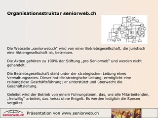 Präsentation von www.seniorweb.ch 6
Die Webseite „seniorweb.ch“ wird von einer Betriebsgesellschaft, die juristisch
eine Aktiengesellschaft ist, betrieben.
Die Aktien gehören zu 100% der Stiftung „pro Seniorweb“ und werden nicht
gehandelt.
Die Betriebsgesellschaft steht unter der strategischen Leitung eines
Verwaltungsrates. Dieser hat die strategische Leitung, ermöglicht eine
reibungslose Geschäftsführung; er unterstützt und überwacht die
Geschäftsleitung.
Geleitet wird der Betrieb von einem Führungsteam, das, wie alle Mitarbeitenden,
„freiwillig“ arbeitet, das heisst ohne Entgelt. Es werden lediglich die Spesen
vergütet.
Organisationsstruktur seniorweb.ch
 