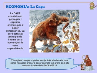 ECONOMIA: La Caça
La CAÇA
consistia en
perseguir i
capturar
animals per a
poder
alimentar-se. Va
ser l’activitat
principal de
l’home per a
aconseguir la
seua
supervivència
T'imagines que per a poder menjar tots els dies els teus
pares hagueren d’anar a caçar animals tan grans com els
elefants i amb ullals ENORMES??
 