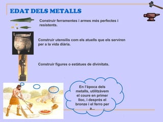 EDAT DELS METALLS
En l’època dels
metalls, utilitzàvem
el coure en primer
lloc, i després el
bronze i el ferro per
a...
Construir ferramentes i armes més perfectes i
resistents.
Construir utensilis com els atuells que els serviren
per a la vida diària.
Construir figures o estàtues de divinitats.
 