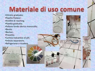 •Cilindro graduato;
•Pipetta Pasteur;
•Anellini di rasching;
•Pipetta graduata;
•Pallone fondo sferico monocollo;
•Beuta;
•Becher;
•Provette;
•Cartina indicartice di pH;
•Imbuto separatore;
•Refrigerante a ricadere.
 