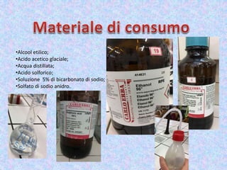 •Alcool etilico;
•Acido acetico glaciale;
•Acqua distillata;
•Acido solforico;
•Soluzione 5% di bicarbonato di sodio;
•Solfato di sodio anidro.
 