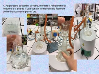 4. Aggiungere coccettini di vetro, montare il refrigerante a
ricadere e si scalda il utto con un termomantello facendo
bollire blandamente per un’ora.
 