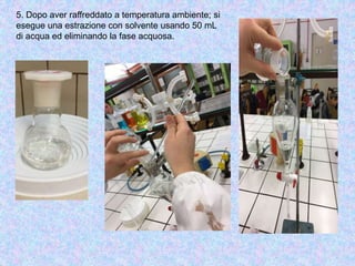 5. Dopo aver raffreddato a temperatura ambiente; si
esegue una estrazione con solvente usando 50 mL
di acqua ed eliminando la fase acquosa.
 