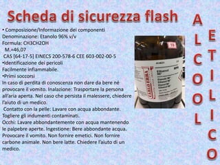 • Composizione/Informazione dei componenti
Denominazione: Etanolo 96% v/v
Formula: CH3CH2OH
M.=46,07
CAS [64-17-5] EINECS 200-578-6 CEE 603-002-00-5
•Identificazione dei pericoli
Facilmente infiammabile.
•Primi soccorsi
In caso di perdita di conoscenza non dare da bere né
provocare il vomito. Inalazione: Trasportare la persona
all’aria aperta. Nel caso che persista il malessere, chiedere
l’aiuto di un medico.
Contatto con la pelle: Lavare con acqua abbondante.
Togliere gli indumenti contaminati.
Occhi: Lavare abbondantemente con acqua mantenendo
le palpebre aperte. Ingestione: Bere abbondante acqua.
Provocare il vomito. Non fornire emetici. Non fornire
carbone animale. Non bere latte. Chiedere l’aiuto di un
medico.
 