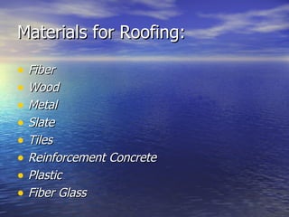 Materials for Roofing: Fiber Wood Metal Slate Tiles Reinforcement Concrete Plastic Fiber Glass 