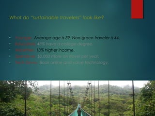 What do “sustainable travelers” look like?

•

Younger. Average age is 39. Non-green traveler is 44.

•

Educated. 48% have a college degree.

•

Wealthier. 13% higher income.

•

Spendy-er. $2,000 more on travel per year.

•

Tech Savvy. Book online and value technology.

*Saber Holdings, 2010
** LOHAS
**TUI*

Bruno Maia/Naturezafotos.org

 
