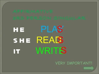 AFFIRMATIVE  3RD PERSON SINGULAR HE SHE IT PLAY READ WRITE S S S VERY IMPORTANT! 