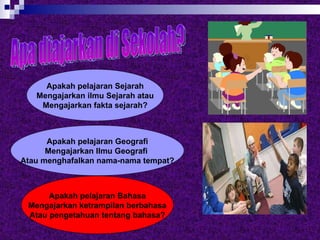Apakah pelajaran Sejarah Mengajarkan ilmu Sejarah atau Mengajarkan fakta sejarah? Apakah pelajaran Bahasa Mengajarkan ketrampilan berbahasa Atau pengetahuan tentang bahasa? Apakah pelajaran Geografi Mengajarkan Ilmu Geografi  Atau menghafalkan nama-nama tempat? Apa diajarkan di Sekolah? 
